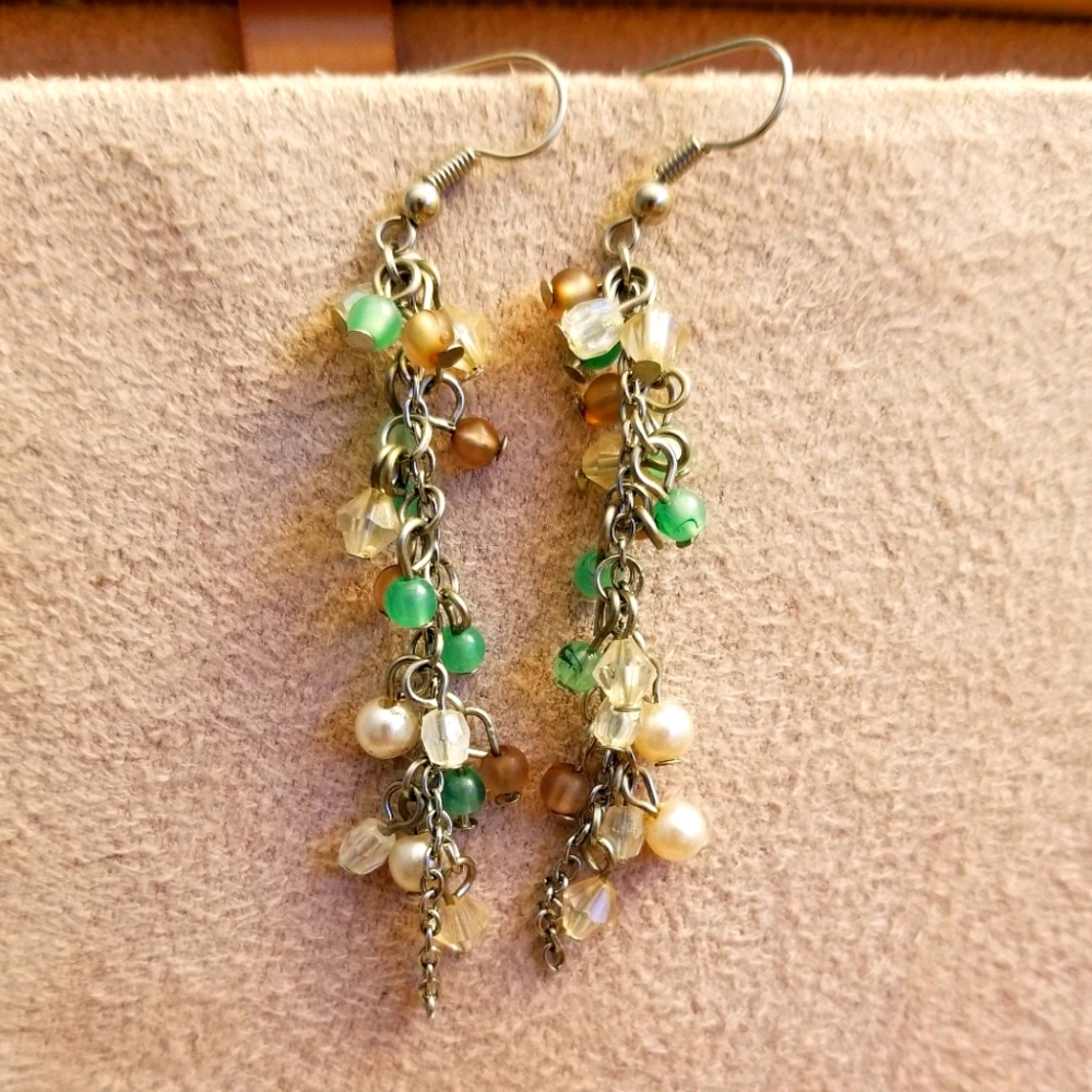 Dangling beaded earrings with neutrals and silver
